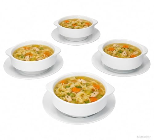 MamboCat STABIL 4er Set Suppentasse mit Untertasse I 350 ml I 4 Personen I Porzellan weiß I Suppenschale mit Henkeln I Bowl für Ramen, Chili, Gulasch, Suppe & Eintopf