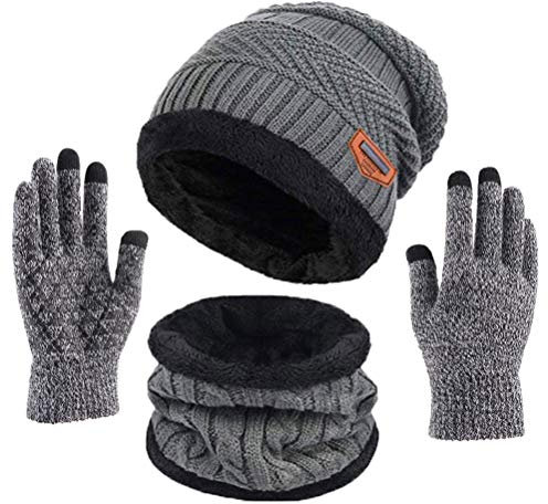 TMEOG Wintermütze Herren Mütze Schal Handschuh-Sets, Touchscreen Handschuhe Beanie Warme Mütze Strickmütze Winterschal Herren mit Fleecefutter (A - Grau)