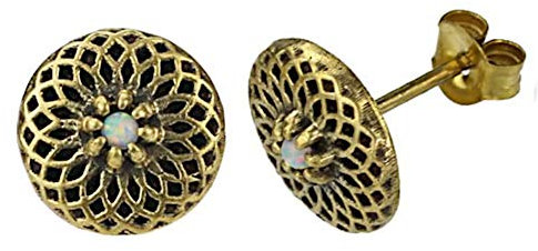 CHICNET Damen Ohrstecker Ohrringe Ohrschmuck aus Messing und Stein Kristall, Dahlie Blume 10mm, antik Gold oxidiert, Opal Onyx Türkis Glitzer Aqua lila, Vintage Handmade Retro Opal weiß
