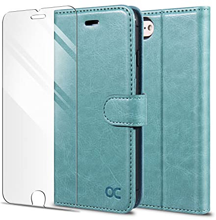 OCASE Coque iPhone SE 2020/2022, iPhone 8/7 - Housse en Cuir Avec Porte-Cartes à Rabat et Film De Protection Offert - Vert