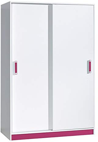 Furniture24 Schwebetürenschrank TRAFIKO 14, Kleiderschrank, Schrank mit 3 Einlegeböden und Kleiderstange (Weiß/Rosa)