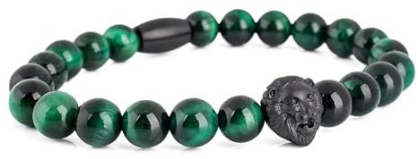 Akitsune Regis Perlenarmband - Armschmuck Damen Herren Beads Löwe - Mattschwarz - Tigerauge Grün - 20cm