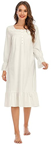 OCCIENTEC Womens White Cotton Lace Nightdress,Victorian Vintage Nightgown Long Sleeve Sleepwear Casual Lounge Housecoat for Lady (White-Style H, L)