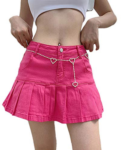 Minigonna a pieghe a vita alta da donna svasata a pieghe in denim Jean corto gonna a pattinatore rosa S