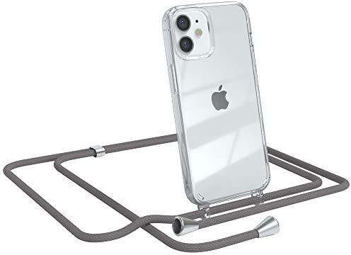 EAZY CASE Handykette kompatibel mit iPhone 12 Mini Handyhülle mit Umhängeband, Handykordel mit Schutzhülle, Silikonhülle, Hülle mit Band, Stylische Kette für Smartphones, Anthrazit