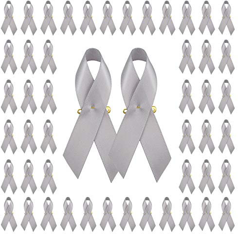 WANDIC Lot de 100 Broches en Forme de Ruban Gris en Satin avec Épingles pour Sensibilisation au Cancer du Cerveau Et à La Maladie du Parkinson,pour Homme et Femme,7,5 x 4 cm