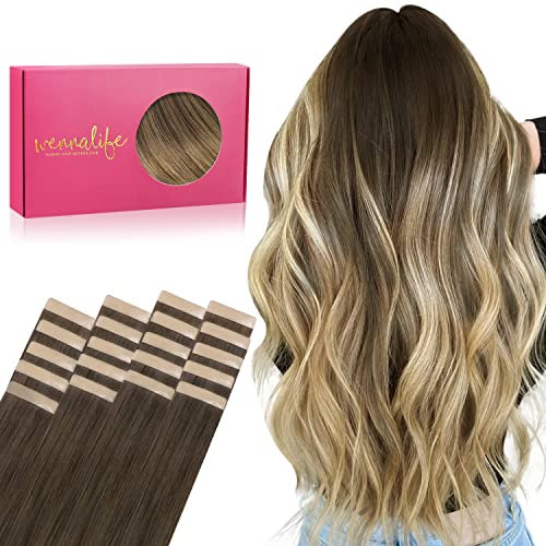 WENNALIFE Tape Extensions Echthaar, 20pcs 50g 50cm 20 Zoll Ombré Walnuss Braun bis Ash Braun und Bleach Blonde Remy Invisible Tape Extensions Seidig Gerade Echthaar Extensions Skin Weft Tape Ins