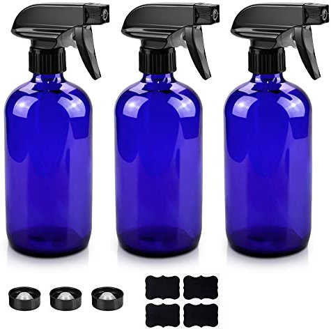 Bottiglie spray in vetro, 473,6 ml, in vetro blu, con etichette e ugello regolabile, contenitori riutilizzabili per pulizia, barbecue, cibo, piante, alcol, oli essenziali (confezione da 3)