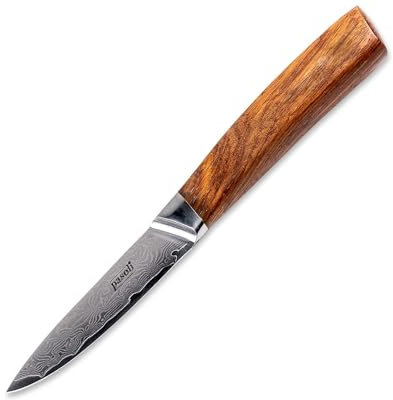 pasoli Couteau d'Office Professionnel - Lame VG-10, 20cm / 67 Couches d’Acier Damas Japonais avec Protège-Lame et un Manche en Bois – Outil de Tranchage Aiguisé, Ustensiles de Cuisine