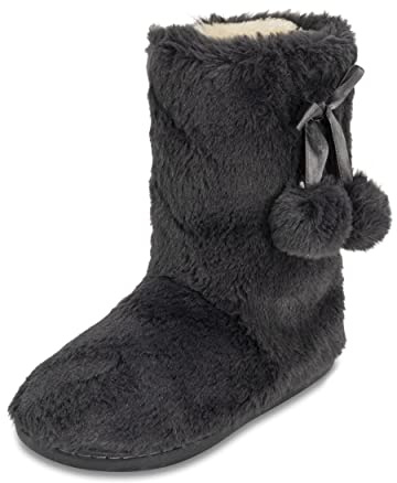 Polar Womens Faux Fur Slipper Boots - Memory Foam Indoor Bootie Slipper with Anti-Slip Rubber Sole - Soft and Fluffy House Slipper with Cute Pompoms - Ankle Boot Slippers - Dark Grey AYC0897/UK4