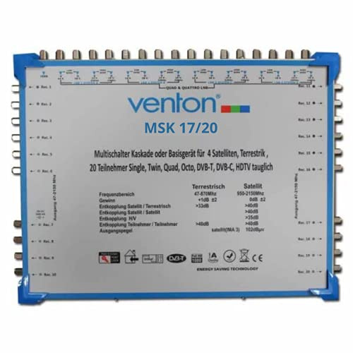 Venton Sat Multischalter 17/20 MSK I Multiswitch Kaskade für 20 Teilnehmer I Sat-Verteiler 17 Eingänge 20 Ausgänge - Full HD-TV 4K 3D I Empfang digitaler & terrestrischer Signale I inkl Netzteil