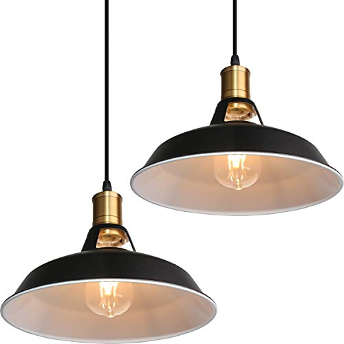 TOKIUS Retro Pendelleuchte, Ø27cm Hängelampe Vintage Industrial Style Metall Deckenleuchte E27 Fassung Hängeleuchte für Esszimmer Küche Restaurant (Schwarz + Weiß, 2 Stücke)