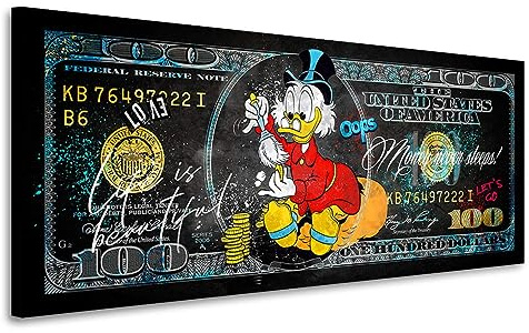 Kunstgestalten24 Dagobert Pop Art Leinwandbild – Dollar Design mit „Money Never Sleeps“ – Street Art Wandbild für Büro Wohnzimmer oder Gaming Room – Moderne Geld Deko 50x20x2cm