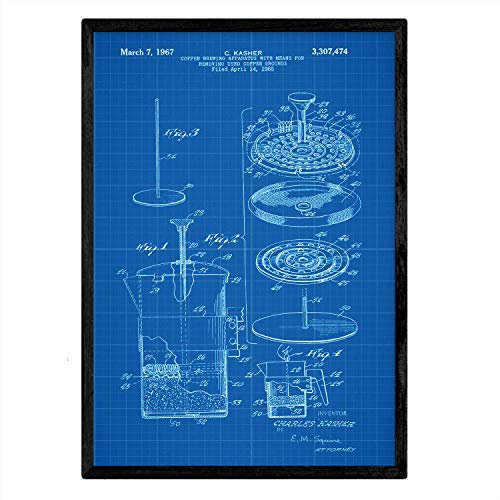Nacnic Kaffeemaschine 3 Kunstdruck mit Rahmen, Antikes Patent in Größe A3 mit blauem Hintergrund, mit Rahmen