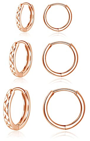 Kamise 3 paires Petites Créoles Boucles d'oreilles en Argent Fin 925 Plaqué Or Rose Ensemble de Creole Anneau pour Femme Fille Unisexe Piercing d'oreille Cartilage Huggies Set, Diamètre 10, 12, 14mm