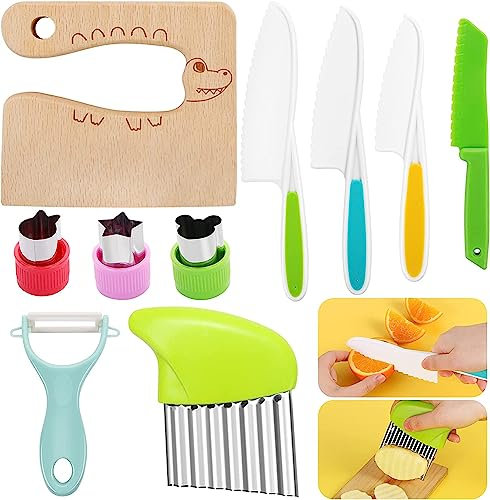 EVERMARKET 10 PCS Kids Kitchen Knife Set Kids Wooden Knife Safe Knives for Real Cooking Serrated Edges Children Cooking Utensils Tools Plastic Knife, Potato Slicers Cooking Knives Kit