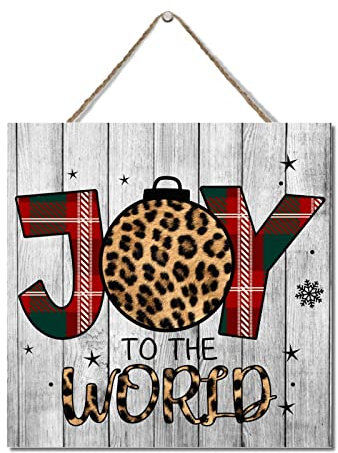 Holzschilder Buffalo Karo Plaid Leopard Joy to The World Holz Palettenschild Holz Küche Dekor Schild Bauernhaus Weihnachtsdekorationen Rustikale Holzschilder Hängendes Holzschild 30,5 x 30,5 cm