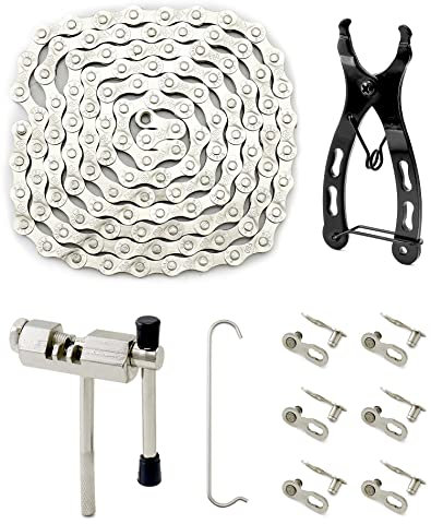 QWORK® Fahrradkette Set, 1/2 x 3/32 Zoll Fahrrad Kette, Kettenbrecher, Kettenprüfer, 6 Paar Fahrrad-Fehlglied, für 6/7/8 Mountainbike, Speed Bike