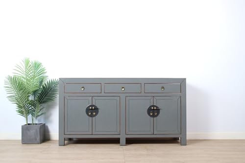 Yajutang chinesische Kommode Sideboard 4 Türen 3 Schubladen grau RAL7005