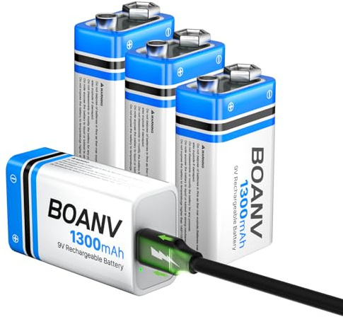 BOANV 4PCS 1300mAh 9V Rechargeable Batteries with USB Fast Charging Cable