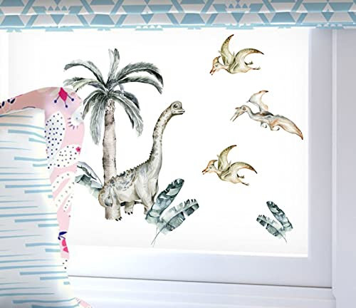 wolga-kreativ Fenstersticker Fensterdeko Fensterbilder Motiv Fensterfolie Glasdeko Selbstklebend Dinosaurier Flugdino Langhalsdino Palme wiederverwendbar Kinderzimmer Junge Jungenzimmer