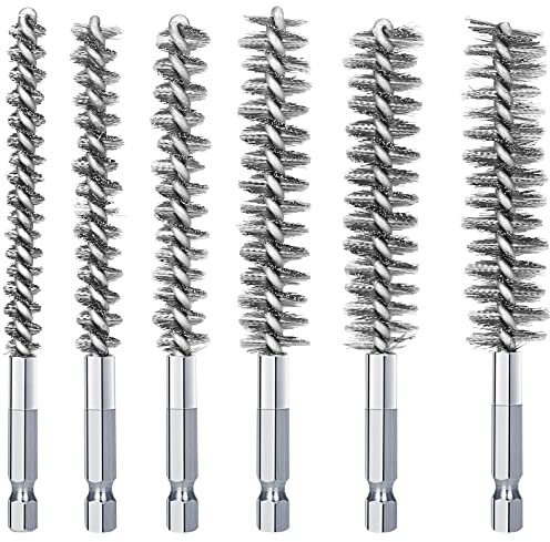 6Pcs Stainless Steel Bore Brush in Different Sizes Twisted Wire Cleaning Brush with Handle 1/4 Inch Hex Shank for Power Drill Impact Driver