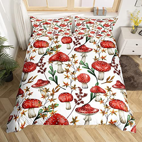 Homewish Pilze Bettbezug 135x200, Trippy Pflanze Tröster Abdeckung für Kinder Mädchen Jungen Erwachsene Schlafzimmer Dekor, Rustikale Botanische Bettwäsche Set Zweige Pilze Bettbezug, Weiß Rot