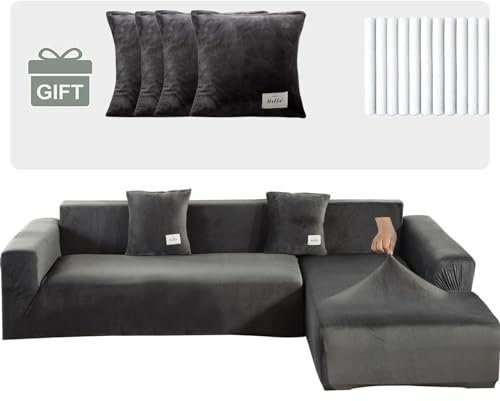TOPCHANCES Samt Sofabezug 1 2 3 4 Sitze,Sofabezüge Ecksofa L Form,Sofa Überwürfe Stretch Couchbezüge mit 4 Kissenbezügen Universal für Couch Cover Möbelbezug(3+3 Sitze,Dunkelgrau)