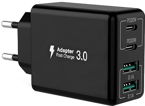 Cargador USB C, 40 W 4 Puertos Bloque de Carga rápida, Bloque de Carga Dual PD+QC, Conector de Pared multipuerto Tipo C Compatible con iPhone 14/13/12/11/Pro Max/XS/XR/8/7/teléfono Samsung, Tablet