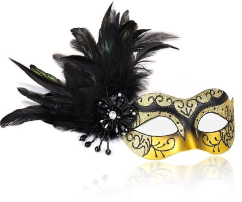 2025 Neue goldene und schwarze Maskerade-Masken für Frauen mit Federn – venezianische Maske für Damen, Maskerade-Party, Karneval, Halloween, Cosplay, Abschlussball, Weihnachten, Geburtstag, Hochzeit
