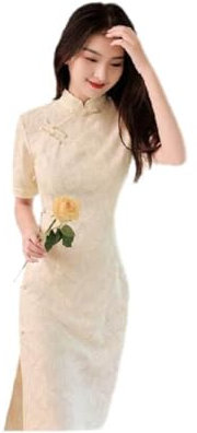 Robe Chinoise pour Femme - Cheongsam D'Été Jeune Fille Style Chinois Qipao Robe Rétro Moyenne Longue Blanche Douce Robe De Soirée Quotidienne, Style A, XL
