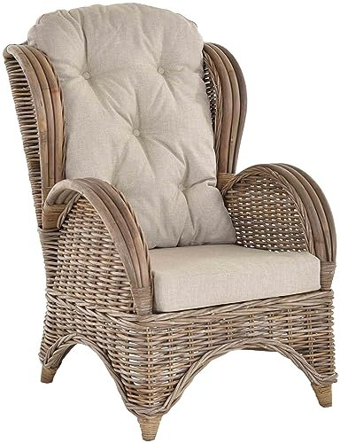 Korb-Outlet Ohrensessel bequem und breit Hochlehnsessel aus Rattan/Fernsehsessel Wohnzimmer/Rattanmöbel (Grau Natur)