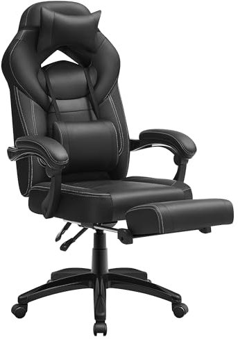SONGMICS Gaming Chair, Office Racing Chair with Footrest, Desk Chair, Ergonomic Design, Adjustable Headrest, Lumbar Support, 150 kg Load Capacity, Black OBG077B11