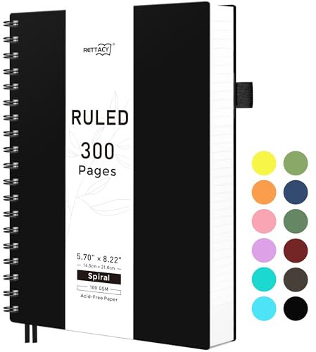 RETTACY A5 Notizblock, Notizbuch, Spiralgebundene Notizbücher, 300 Blatt/150 Seiten Zum Schreiben, 100 G/m² College-liniertes Papier, PVC-Hardcover, 14,5 X 21 Cm - Schwarz
