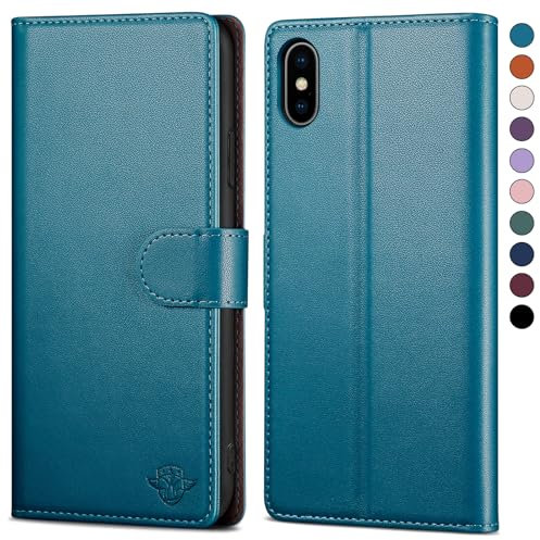 SkyDuck for iPhone X/XS/10 5.8 case Leather Flip,for iPhone X case with [RFID Blocking][Credit Card Holder] with 1 Tempered Glass Screen Protector,Cover Women Men for iPhone XS case Bright Blue