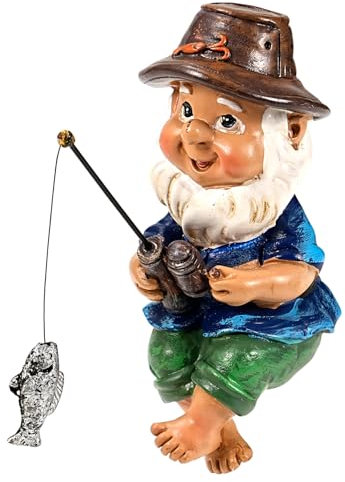 Fishing Gnome Garden Ornaments Outdoor - Garden Gnomes Statue Resin Figurine Dwarf Sculpture Decor, Pond Ornaments Outdoor, Gifts for Small Home Lawn Yard Balcony Porch Patio Indoor Decorations