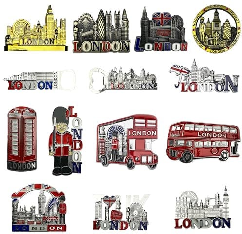 LILAJ Set of 12 London Souvenir Metal Fridge Magnets of Iconic Landmarks: Big Ben, Tower Bridge, London Eye, Red Phone Box, Bus, Royal Guard Perfect Travel Collectibles & Kitchen Decor Great Gift Idea
