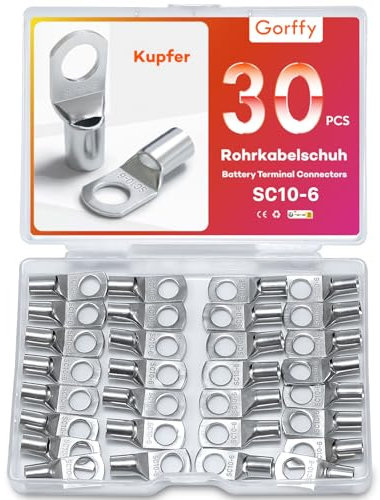 Gorffy Rohrkabelschuhe Set 30 Stück, SC10-6 Kabelschuhe Set, Verzinntes Kupfer Ringkabelschuhe Set, SC Rohrkabelschuh Set, Kabelschuhe 10mm², Rohrkabelschuhe M6 für Kfz Batteriekabel