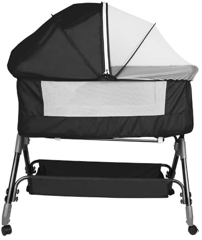 HUOLE 3 in 1 Beistellbett & Babywiege & Reisebett, 4-stufig Höhenverstellbares Babybett, neigbar, Kinderbett, Stubenwagen für Babys bis 25kg belastbar-104 * 52 * 100-110 cm – schwarz