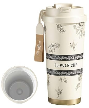 Lily of the Valley Mug, Travel Coffee Mug with Lid, 500ml Stainless Steel or Ceramic Liner, Floral Leakproof Coffee Tumbler Cups, Travel Cup with Built-In Infuser, Insulated Tumbler for Women