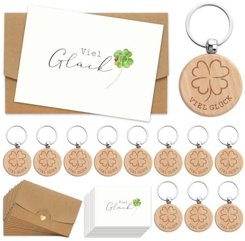 BOOMTOP 12 Schlüsselanhänger Glücksbringer Holz Kleeblatt Viel Glück Geschenke Silvester Glücksklee Kleiner Glücksbringer Weihnachten Hochzeit Taufe Gastgeschenke Abschiedsgeschenk Kollegen Kollegin