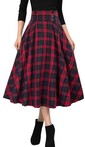 MGizo DtiSpectrum Jupes Plissées à Carreaux pour Femmes - Jupe Plissée Évasée à Taille Haute et Élastique à Boutons sur Le Devant Vintage en Tartan Mi-Longue
