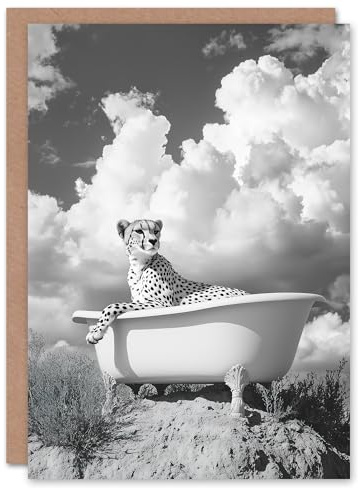 Artery8 Greeting Card Cheetah in Bathtub Black White Desert Surreal Blank For Him Or Her Art Birthday Card