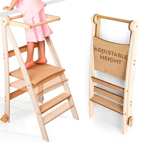 Wooden Montessori Learning Tower Space-Saving: Foldable Learning Tower, Stool for Children, Foldable Kids' Step Stool, Learning Tower with 2-Level Height Adjustable & Anti-Tip Protection