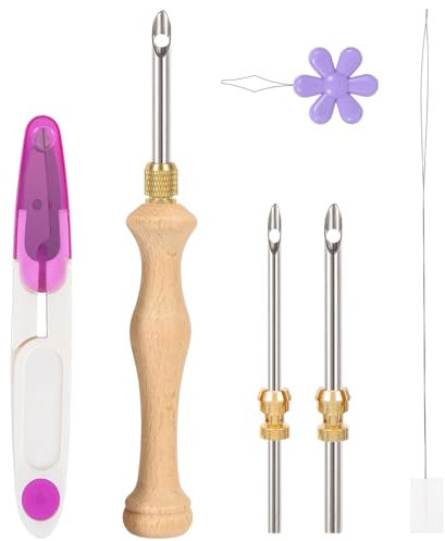 JSRQT Holzgriff Stanznadel Stickset, Verstellbarer Stickstift mit 5/3.5/2.5mm Nadeln & Holzgriff, Stickerei Punch Nadel Werkzeug für Teppichsticken und DIY Handarbeit