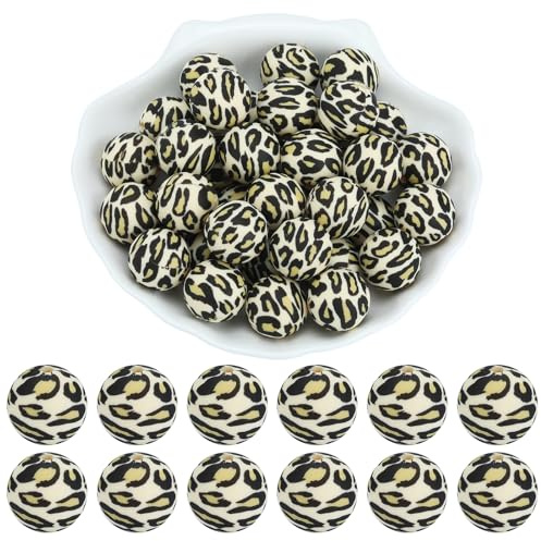 WEWAYSMILE 20 Stück 15 mm Silikonperlen Bedruckte Silikon-Focal-Perlen für die DIY Bracelets Necklaces Lanyards Beaded Craft Supplies（Leopard）