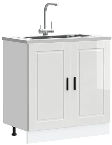HOMTAKIE Meuble Bas pour évier Porto Blanc Brillant 80x46x81,5 cm