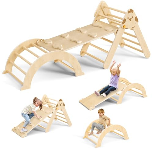 7in1 Wooden Climbing Frame for Toddlers,Indoor Foldable Baby Climbing Toys, Wooden Montessori Climbing Set with Arch, Ramp, Ladder for kids, Kids Wooden Gym (Wood color)