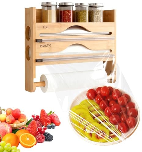 Bamboo Cling Film Dispenser and Cutter,Kitchen Roll Storage for 12 Rolls