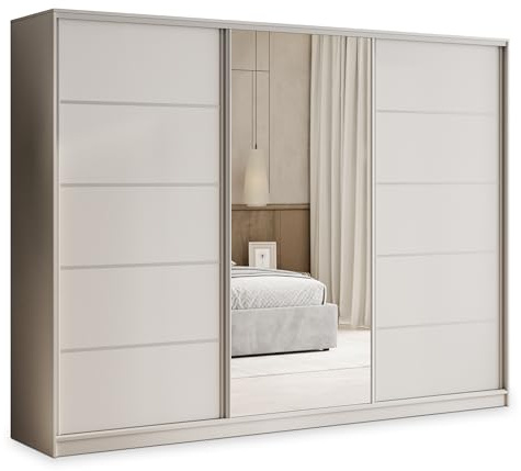 Masseno Schwebetürenschrank PINA 270/205/58 cm Kleiderschrank mit 4 Schubladen Schlafzimmer Schiebetürenschrank 3-türig mit Spiegel Kaschmir